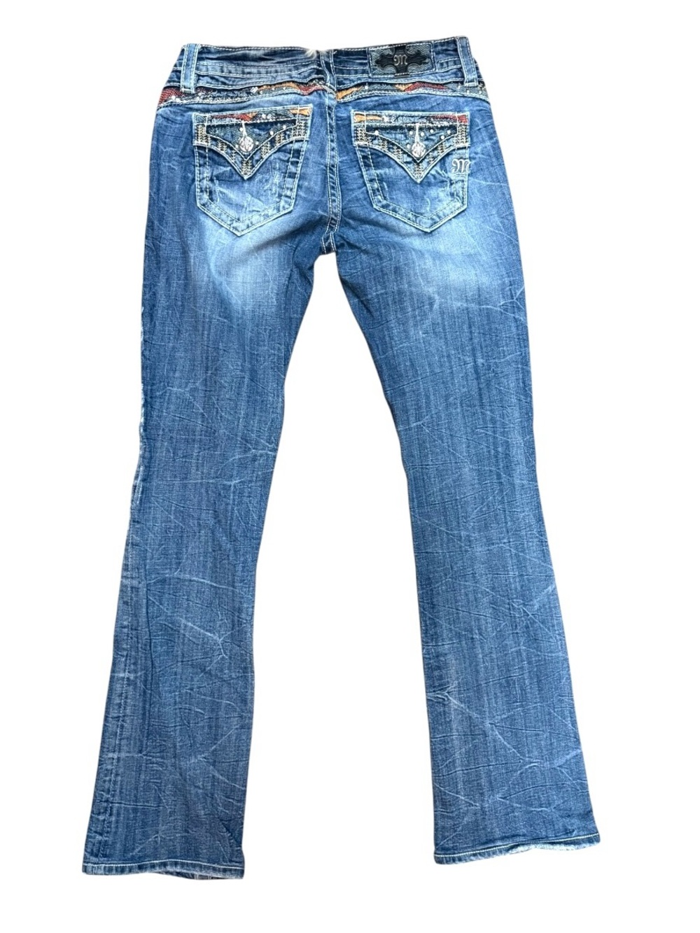Miss Me Blue Y2K Embroidered Rhinestone Back-Pocket Signature Slim Boot Jeans 27